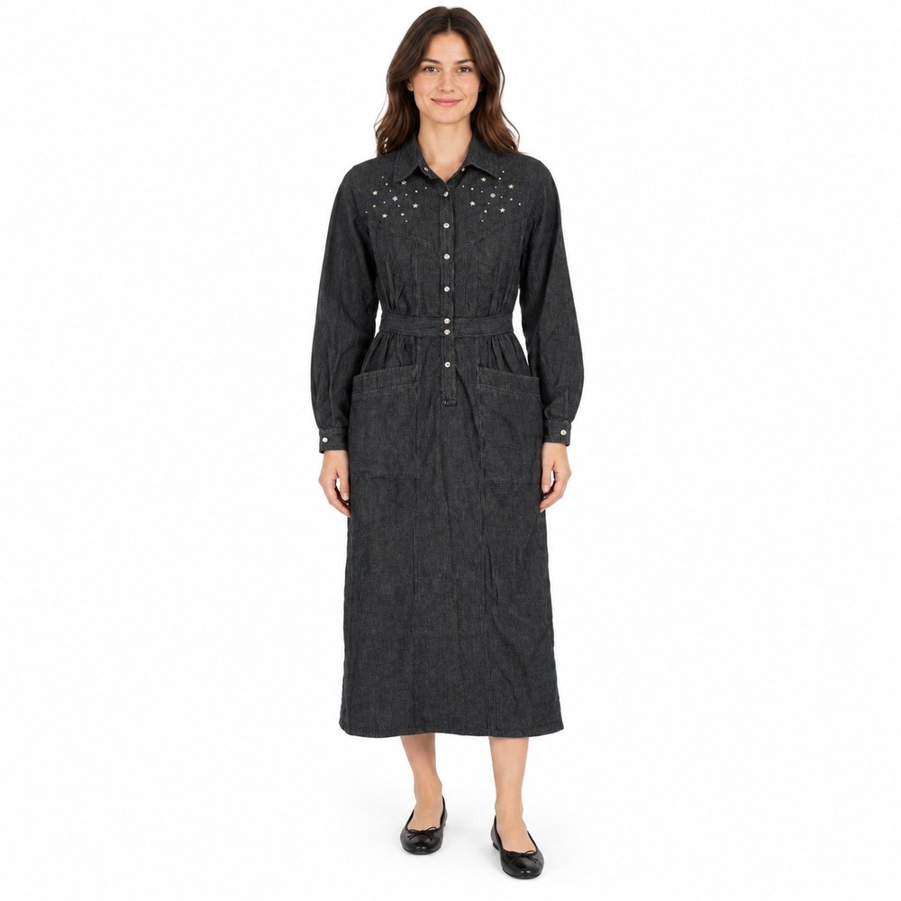 My Michelle Denim Maxi Dress Womens 7/8 Black Western Star Studded Vintage